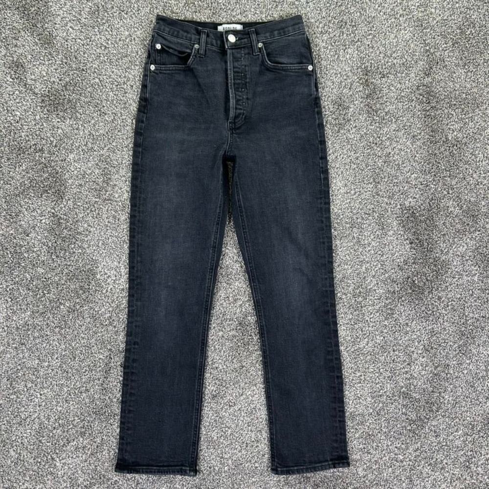 Agolde Riley High Rise Straight Leg Ankle Button Fly Jeans Womens 25 Black Denim